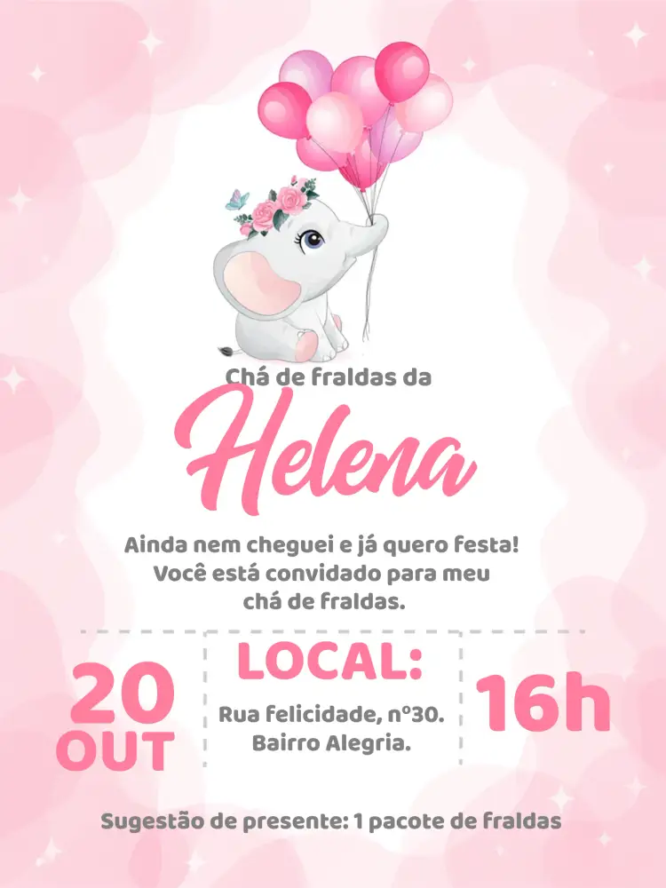Convite Chá De Fraldas Elefantinha Bebe – tema Chá de Fraldas rosa, branco, elefantinho, corações, divertido, feminino