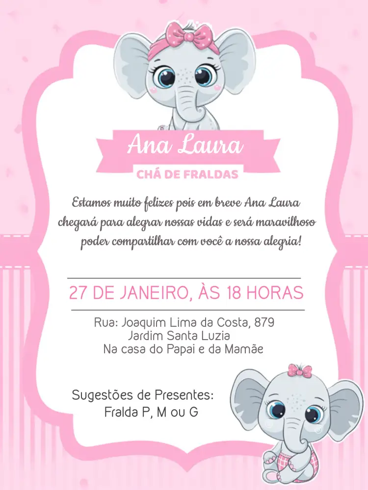 Convite Chá De Fraldas Elefantinha Elefante – tema Chá de Fraldas elefante, rosa, branco, cinza, fofo, moderno
