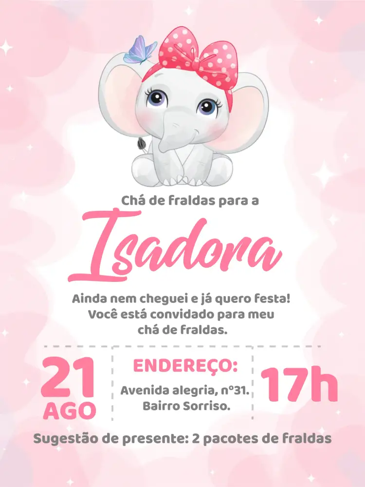 Convite Chá De Fraldas Elefantinha Menina – tema Chá de Fraldas floral, lúdico, romântico, colorido, infantil