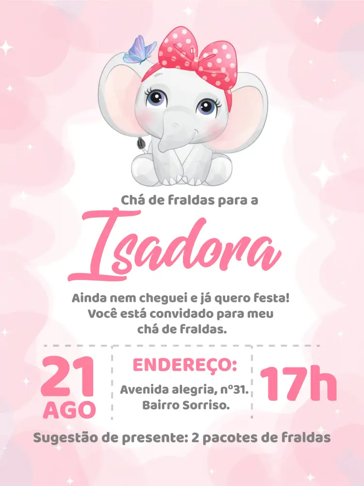 Convite Chá De Fraldas Elefantinha Menina