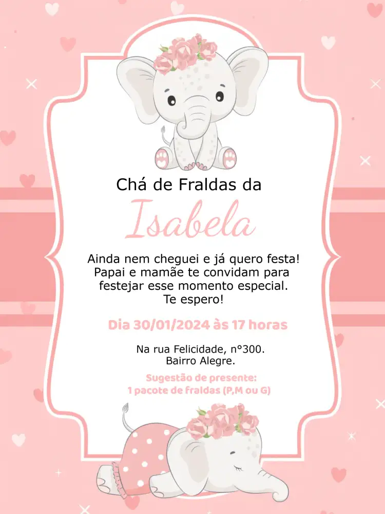Chá De Fraldas Elefantinha Rosa Elefante