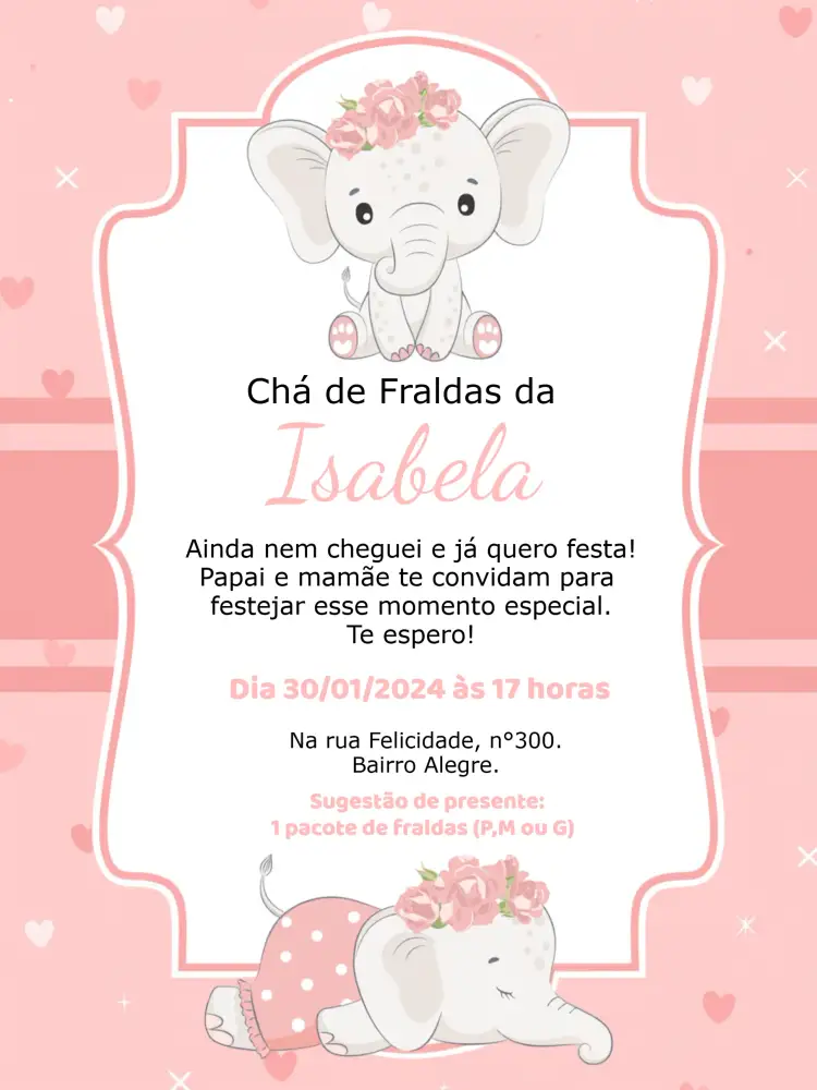 Convite Chá De Fraldas Elefantinha Rosa Elefante – tema Chá de Fraldas floral, suave, delicado, infantil, colorido