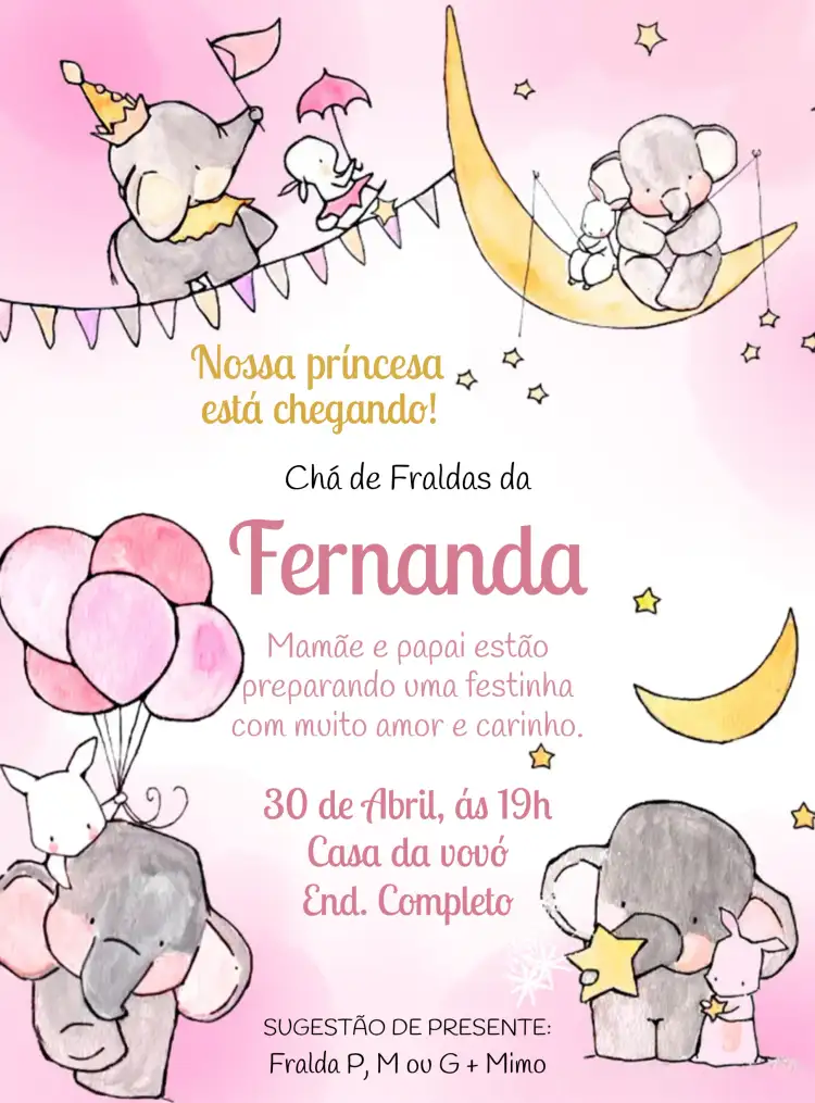 Chá De Fraldas Elefantinha Rosa Menina Infantil