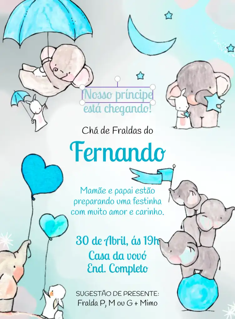 Chá De Fraldas Elefantinho Aquarela Azul Menino Infantil