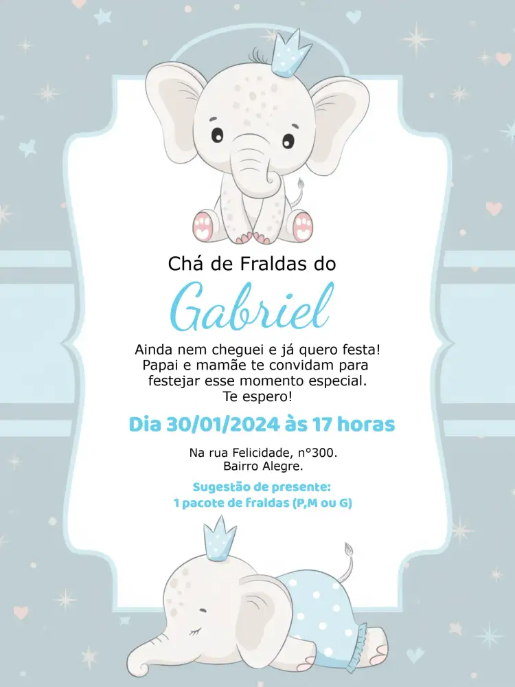 Convite Chá De Fraldas Elefantinho Azul – tema Chá de Fraldas azul, animais, lúdico, infantil, colorido, divertido
