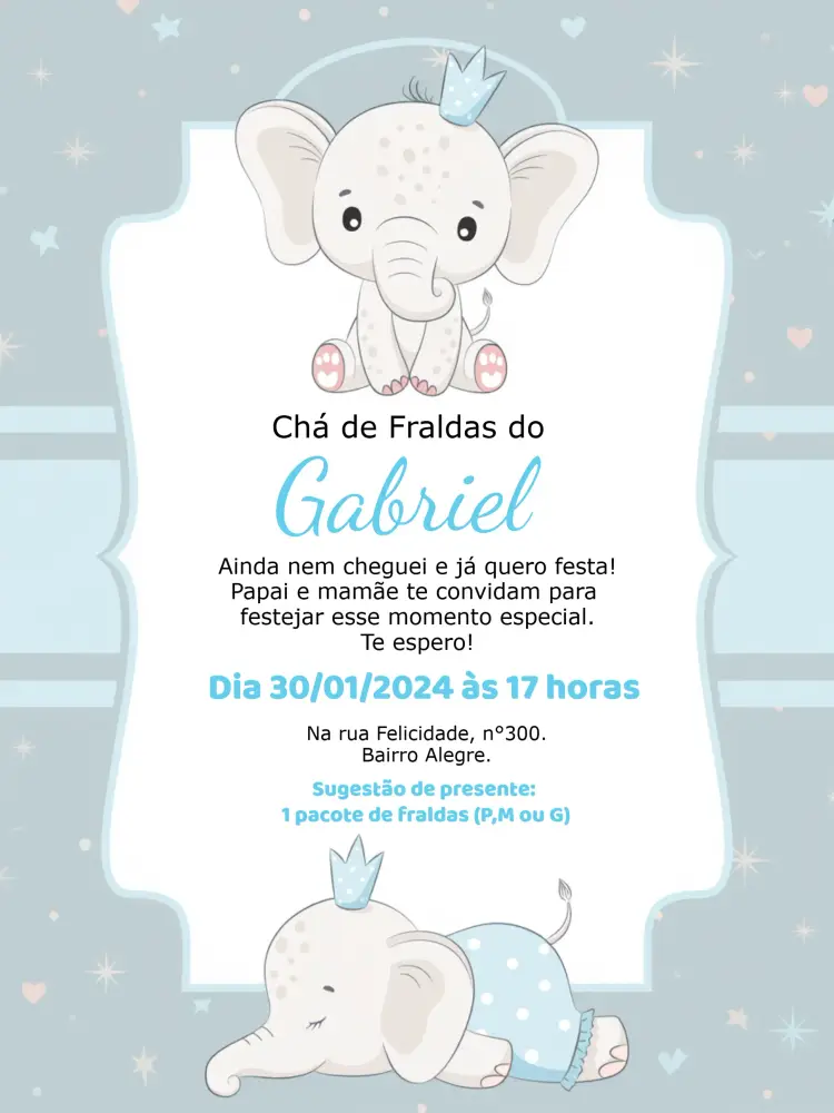 Convite Chá De Fraldas Elefantinho Azul
