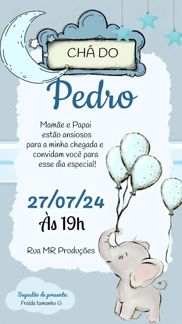 Convite Chá De Fraldas Elefantinho Bebê – tema Chá de Fraldas azul, elefante, balões, glitter, infantil