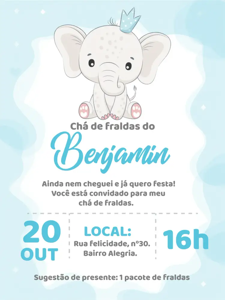 Convite Chá De Fraldas Elefantinho Branco – tema Chá de Fraldas moderno, minimalista, infantil, branco e azul, ilustrações fofas