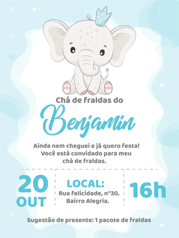 Convite Chá De Fraldas Elefantinho Branco