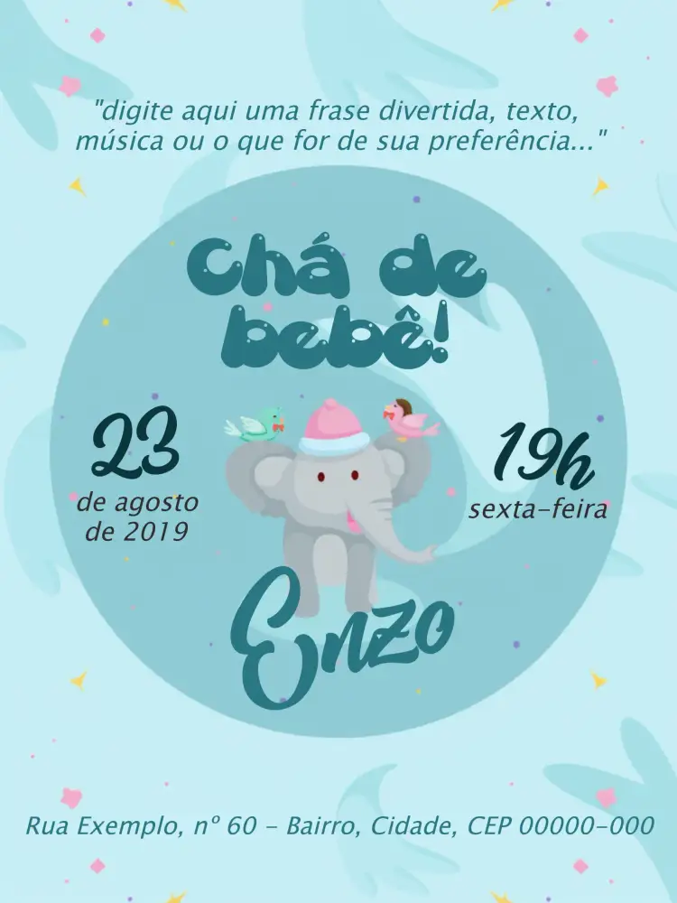 Convite Chá De Fraldas Elefantinho Menino – tema Chá de Fraldas azul, elefantinho, lúdico, moderno, infantil, divertido