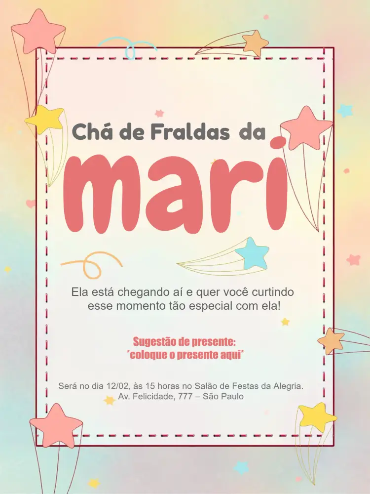 Convite Chá De Fraldas Estrelhinhas Rosa - Menina Infantil