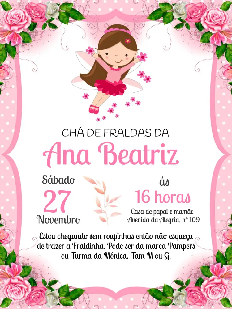 Convite Chá De Fraldas Fada Branco – tema Chá de Fraldas flora, aquarela, pastel, mágico, delicado, infantil