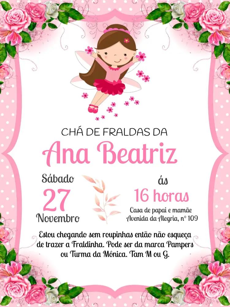 Convite Chá De Fraldas Fada Branco