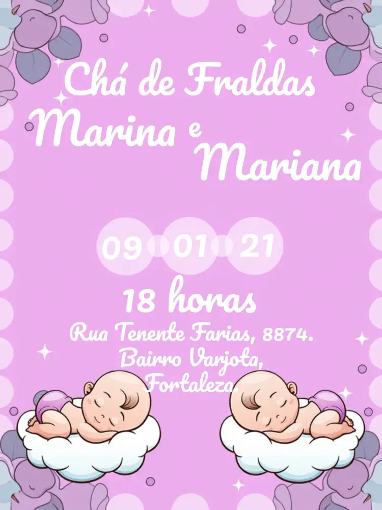 Convite Chá De Fraldas Gêmeas Meninas Bebês