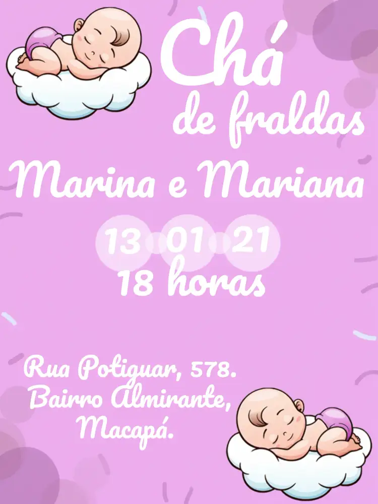 Convite Chá De Fraldas Gêmeas Meninas Bolhas – tema Chá de Fraldas rosa suave, branco delicado, nuvens fofas, bolhas de sabão, estilo lúdico, design moderno