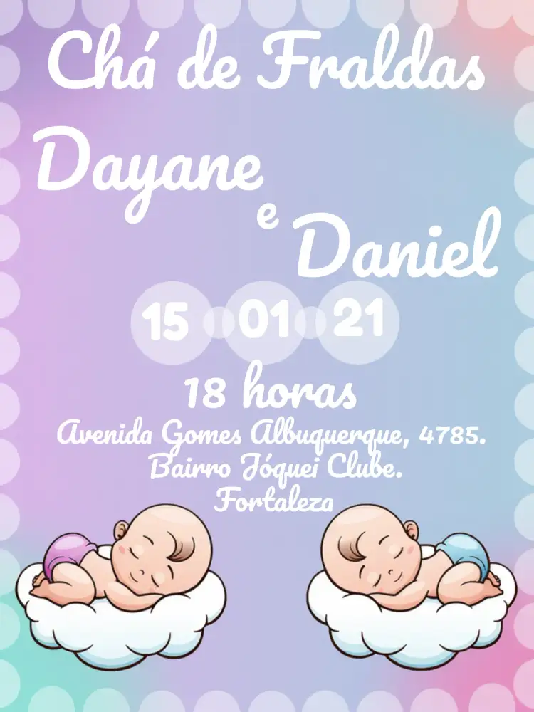 Convite Chá De Fraldas Gêmeos Rosa E Azul Menina – tema Chá de Fraldas rosa, azul, nuvens, divertido, infantil, colorido