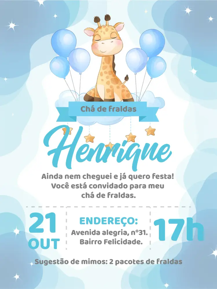 Convite Chá De Fraldas Girafinha Cha