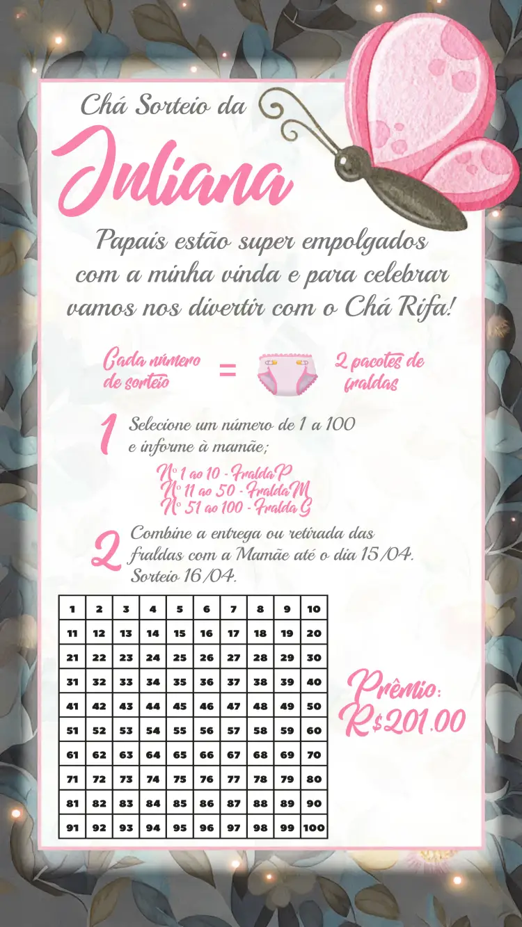 Convite Chá De Fraldas Jardim Das Borboletas Cha – tema Chá de Fraldas floral, delicado, rosa e branco, jardim, natureza, infantil