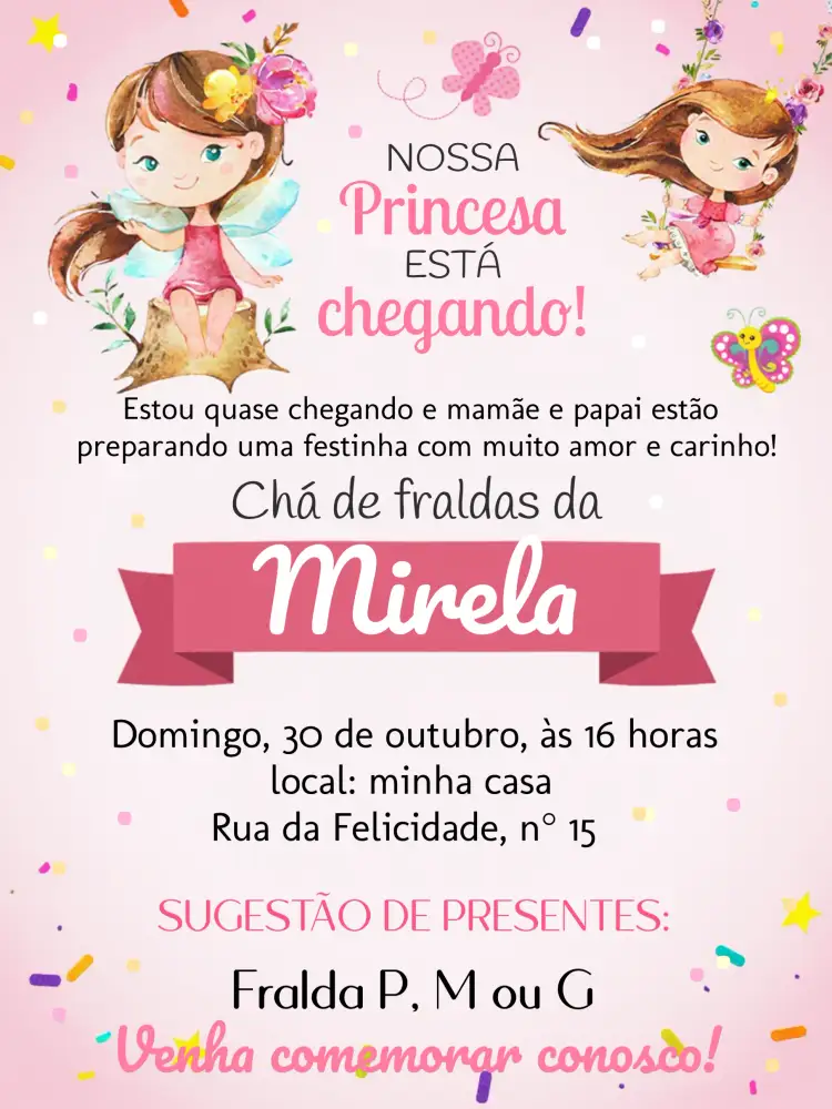 Convite Chá De Fraldas Jardim Encantado Faixa – tema Chá de Fraldas jardim encantado, rosa e branco, coroa, estilo delicado, toque moderno