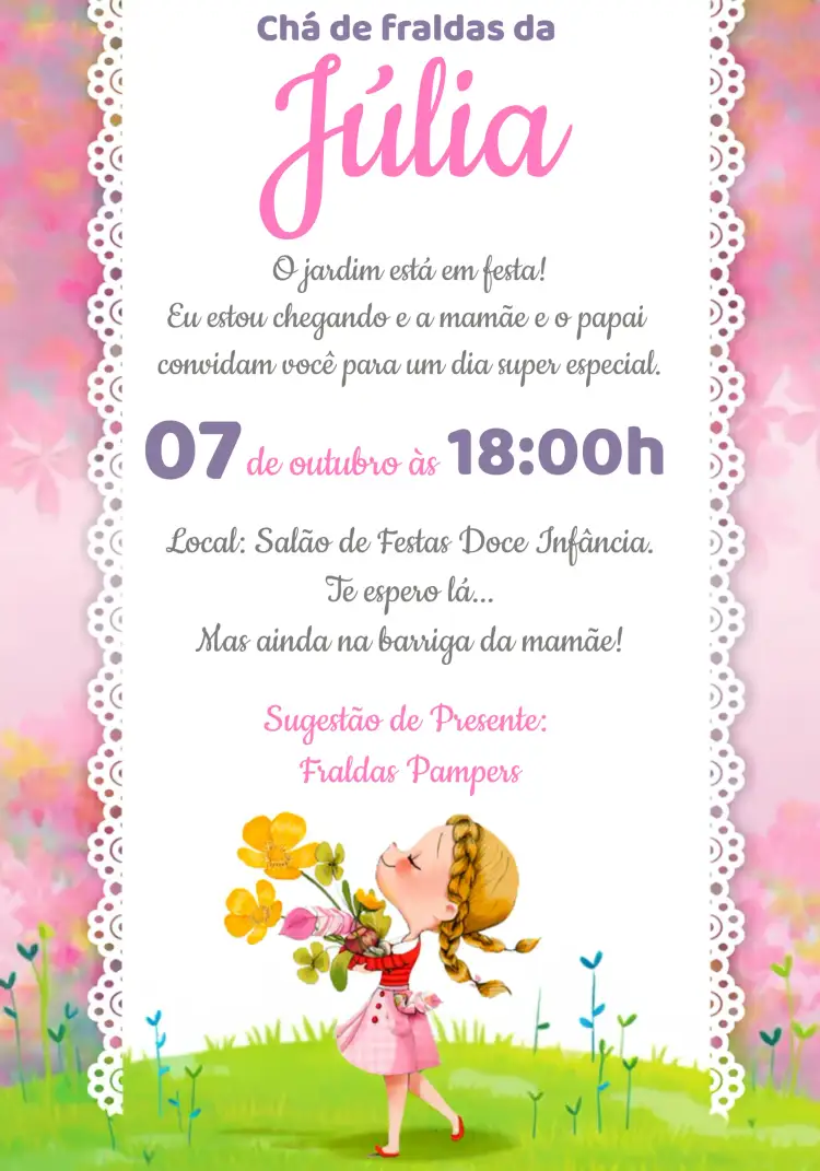 Convite Chá De Fraldas Jardim Encantado Zap – tema Chá de Fraldas aquarela, floral, infantil, bosque, cores pastel