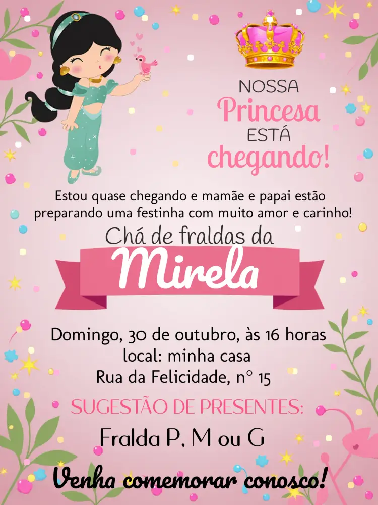Convite Chá De Fraldas Jasmine Faixa
