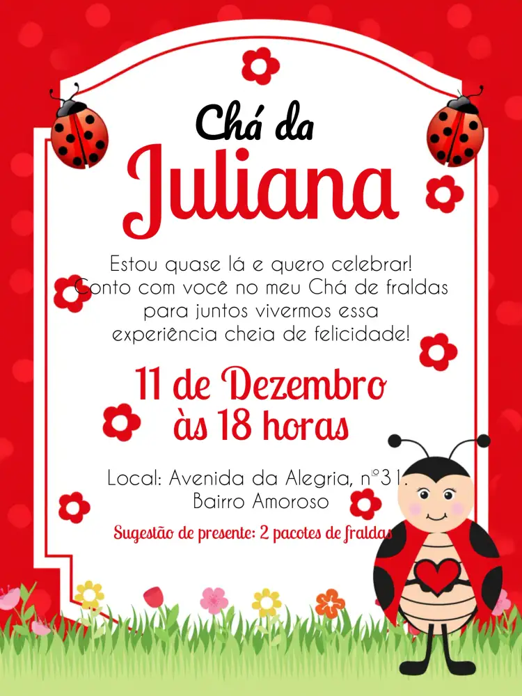 Convite Chá De Fraldas Joaninha Bolinhas – tema Chá de Fraldas vermelho, branco, preto, lúdico, animais