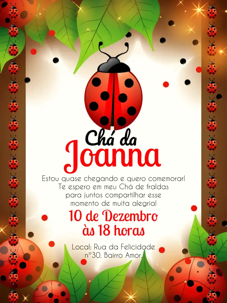 Convite Chá De Fraldas Joaninha Vermelho – tema Chá de Fraldas vermelho, branco, preto, lúdico, animais