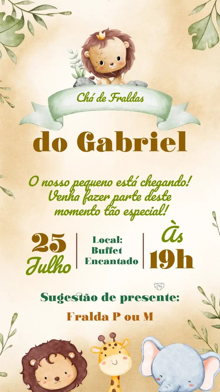 Convite Chá De Fraldas Leão Aquarela Safari Bebê – tema Chá de Fraldas safari, aquarela, animais, verde, delicado, infantil