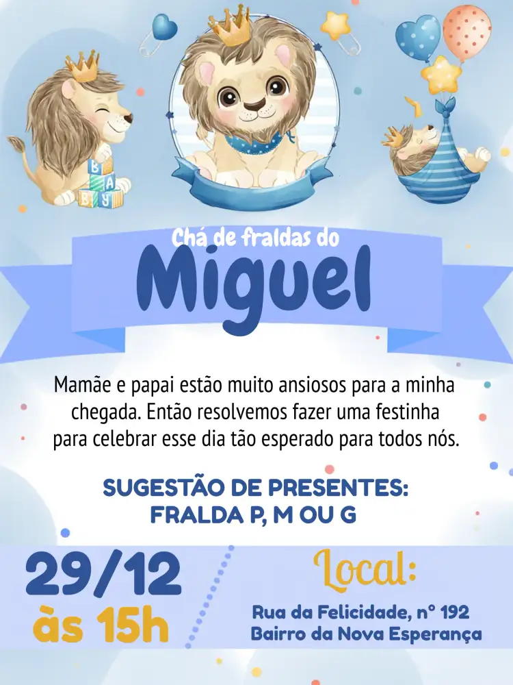 Convite Chá De Fraldas Leão Azul – tema Chá de Fraldas safari, animais, azul e laranja, divertido, infantil