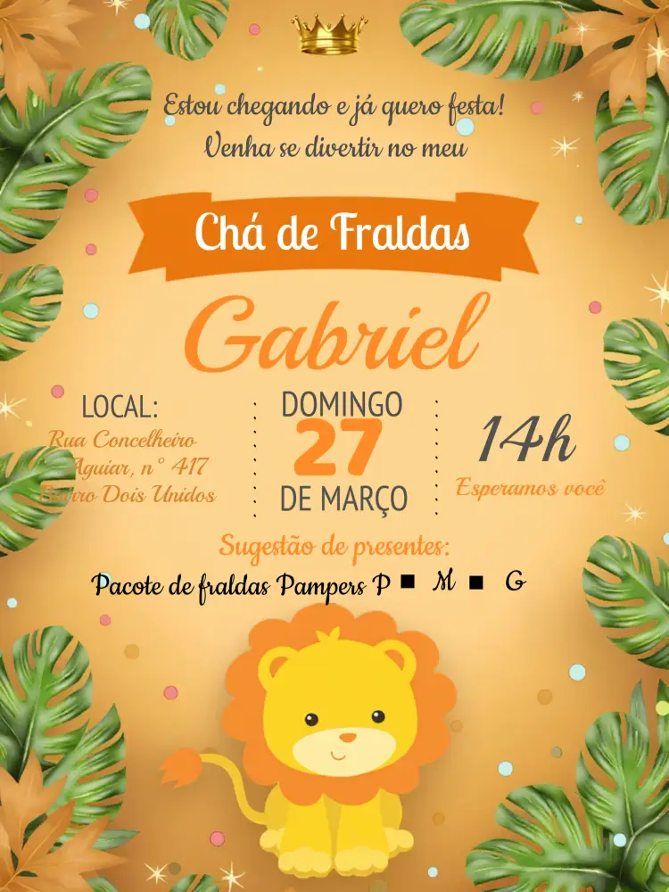 Convite Chá De Fraldas Leãozinho Laranja