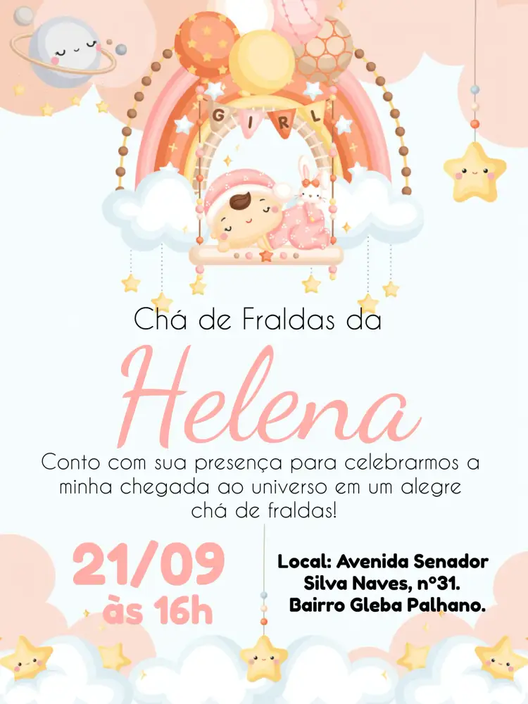 Convite Chá De Fraldas Menina Arco Irís Nuvem – tema Chá de Fraldas arco-íris, nuvens, estrelas, rosa e branco, balões, mágico e encantador