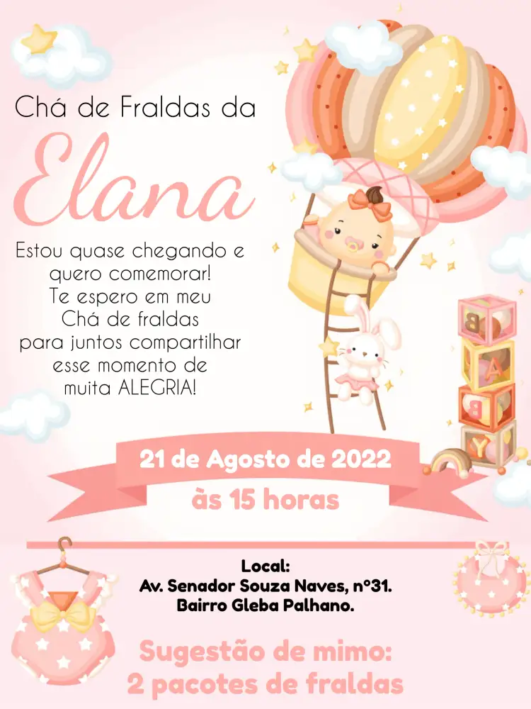 Convite Chá De Fraldas Menina Baloeira Balão – tema Chá de Fraldas rosa, branco, lúdico, moderno, infantil