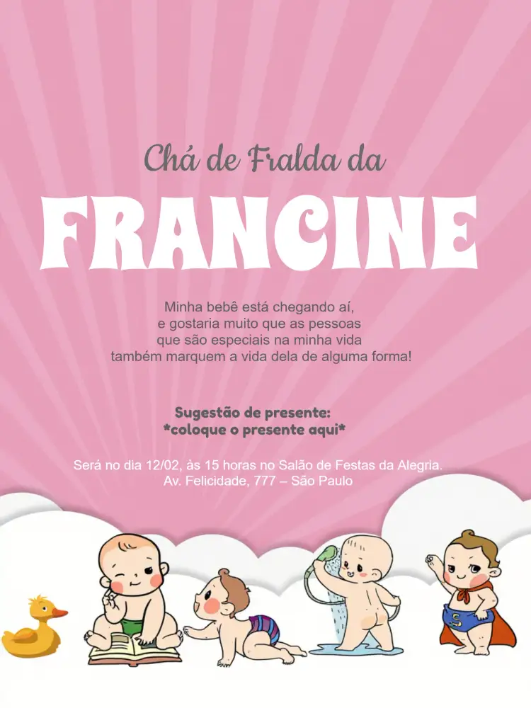 Convite Chá De Fraldas Menina Bebês – tema Chá de Fraldas rosa, delicado, infantil, nuvens, coração, patinho