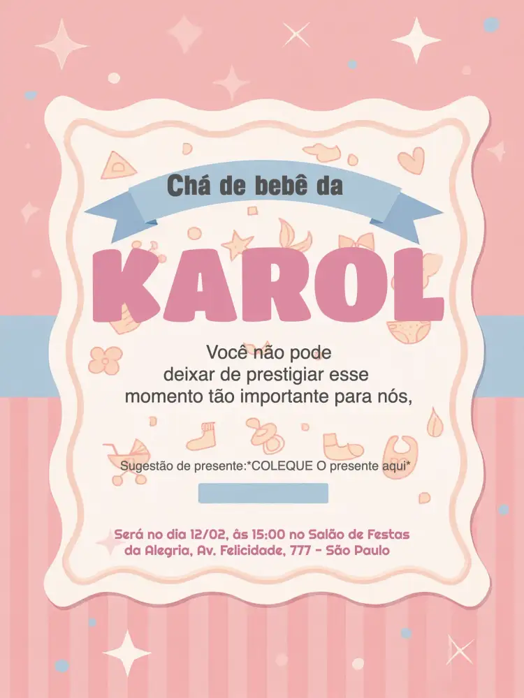 Convite Chá De Fraldas Menina Neném – tema Chá de Fraldas rosa, listras, lúdico, delicado, infantil, marinho