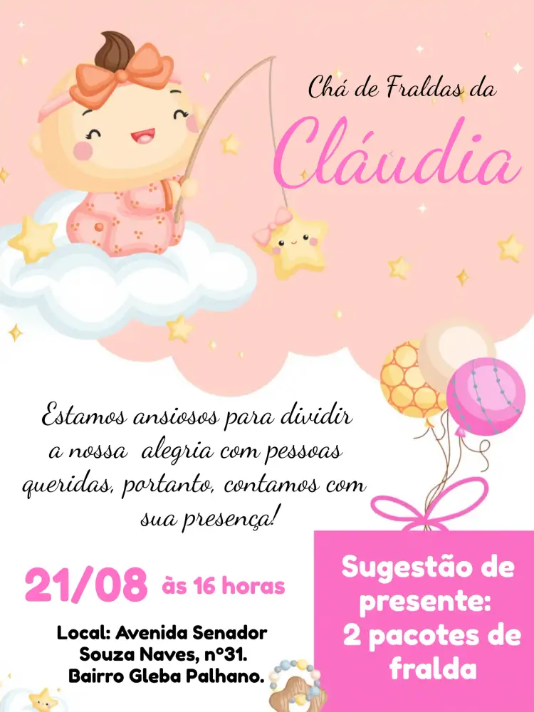 Convite Chá De Fraldas Menina Rosa – tema Chá de Fraldas rosa suave, nuvens fofas, estilo lúdico, elementos de festa, balões coloridos, toque delicado