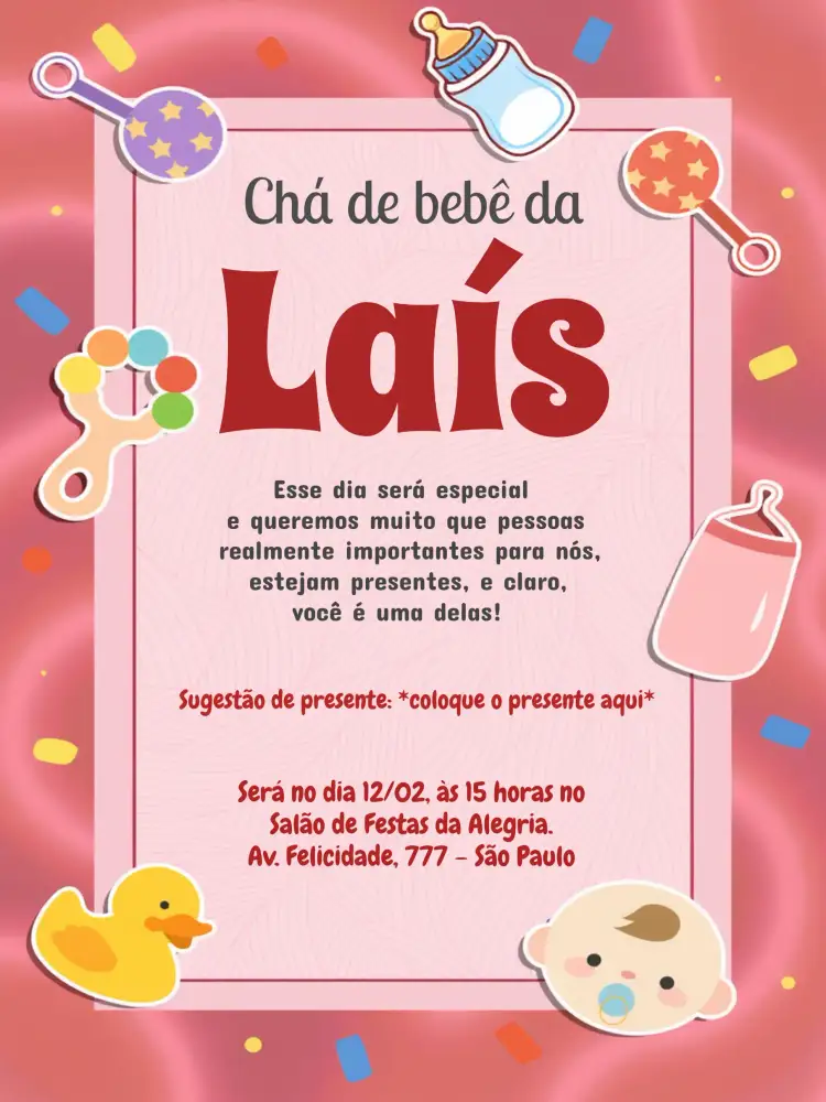 Convite Chá De Fraldas Menina Urso – tema Chá de Fraldas vermelho, urso, chocalho, bandeirinhas, divertido, infantil