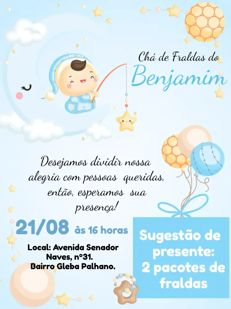 Convite Chá De Fraldas Menino Arco – tema Chá de Fraldas azul claro, nuvens, moderno, lúdico, balões, arco-íris