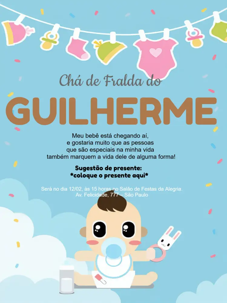 Convite Chá De Fraldas Menino - Azul Neném