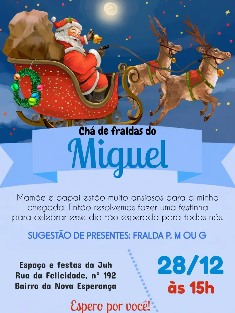 Convite Chá De Fraldas Natal Papai – tema Datas Comemorativas natalino, colorido, divertido, infantil, festivo, alegre