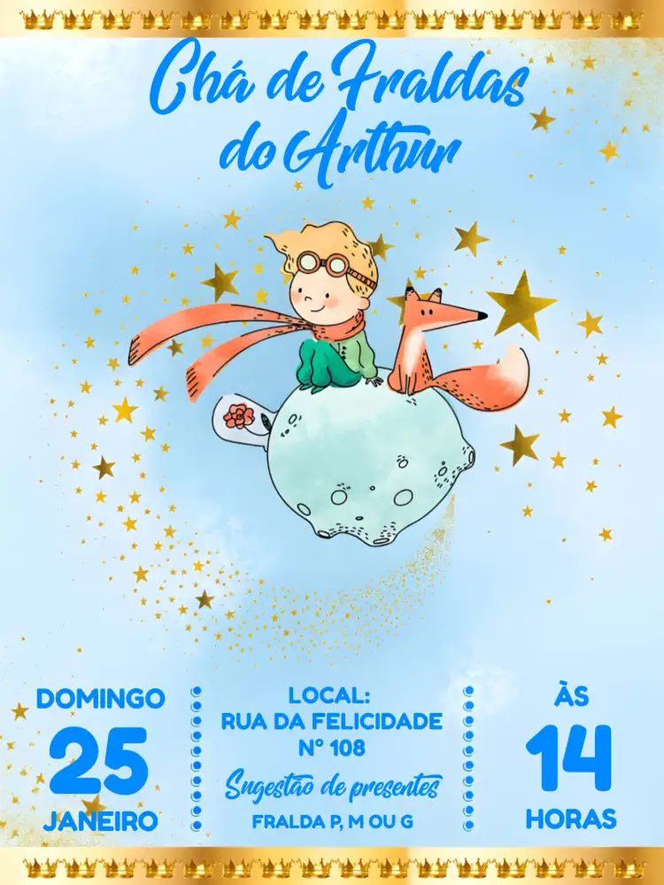Convite Chá De Fraldas O Pequeno Príncipe Amarelo – tema Chá de Fraldas amarelo e azul, elementos gráficos do espaço, ilustrações do Pequeno Príncipe, design lúdico, estilo contemporâneo, toques de cor laranja