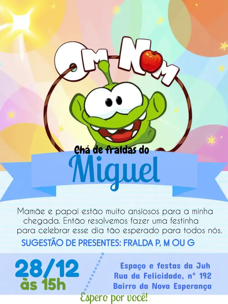 Convite Chá De Fraldas On Nom Verde – tema Chá de Fraldas verde, moderno, minimalista, divertido, colorido