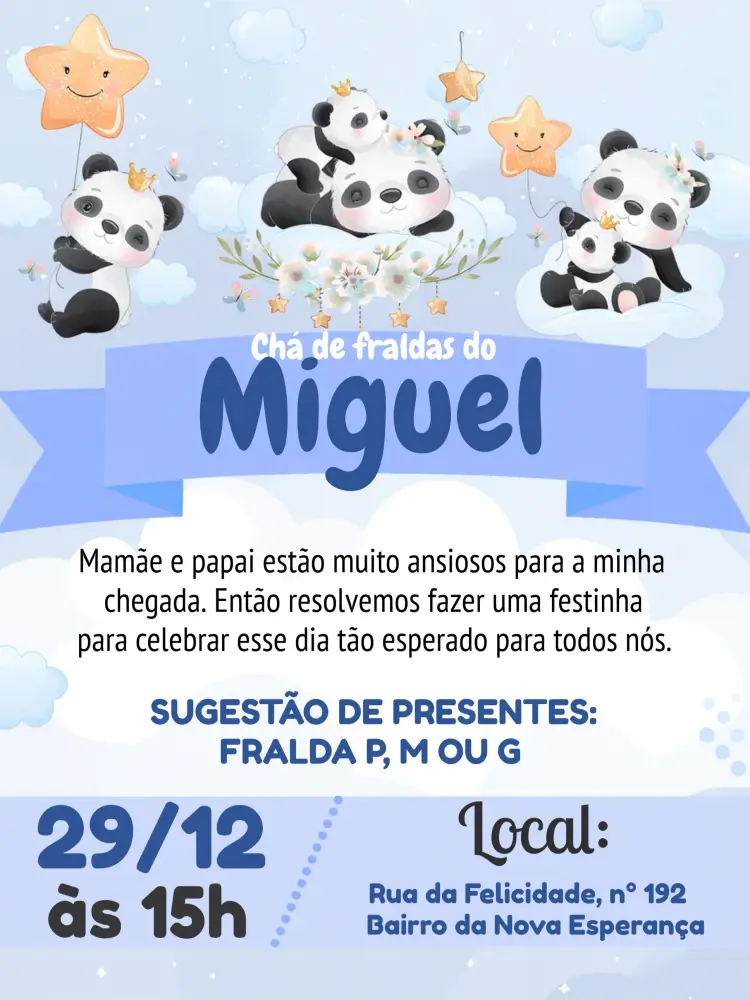Convite Chá De Fraldas Panda Branco