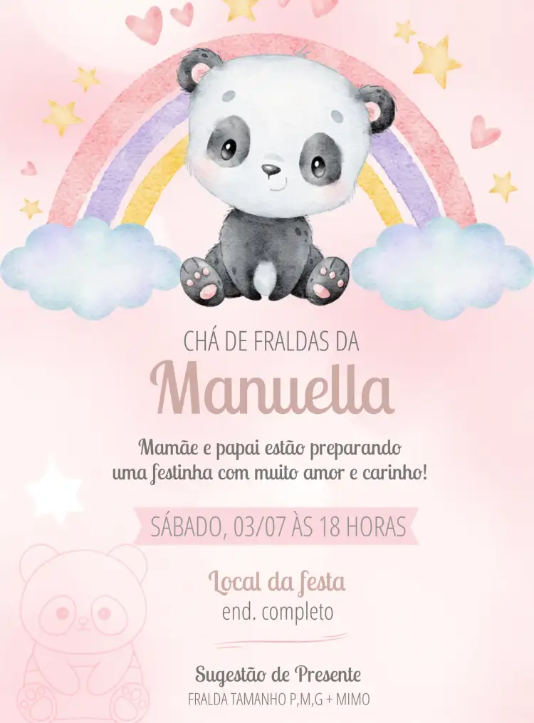 Convite Chá De Fraldas Pandinha Rosa Elefantinho – tema Chá de Fraldas rosa, lúdico, fofo, animais, ilustrações coloridas, divertido