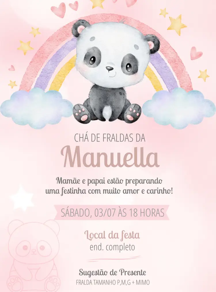 Convite Chá De Fraldas Pandinha Rosa Elefantinho