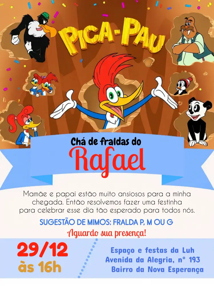 Convite Chá De Fraldas Pica Pau Bebê – tema Chá de Fraldas colorido, divertido, animais, moderno, infantil, brincalhão