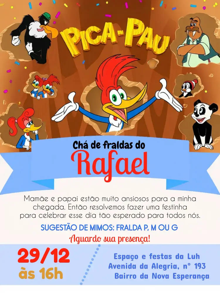 Convite Chá De Fraldas Pica Pau Bebê