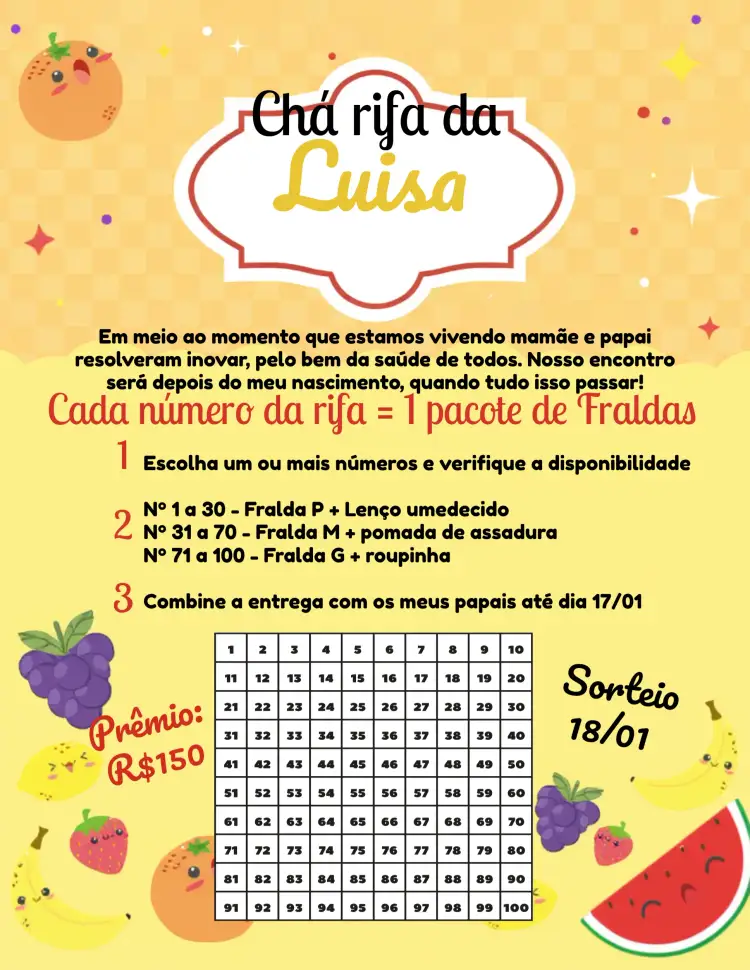 Convite Chá De Fraldas Picnic Bebê – tema Chá de Fraldas colorido, aquarela, frutinhas, piquenique, infantil, divertido