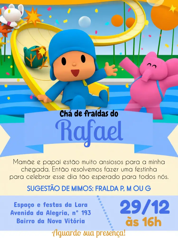 Convite Chá De Fraldas Pocoyo Rosa