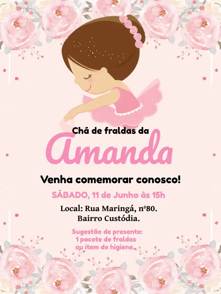 Convite Chá De Fraldas Princesa Bailarina Branco – tema Chá de Panela bailarina, rosa e branco, feminino, delicado, moderno, temático