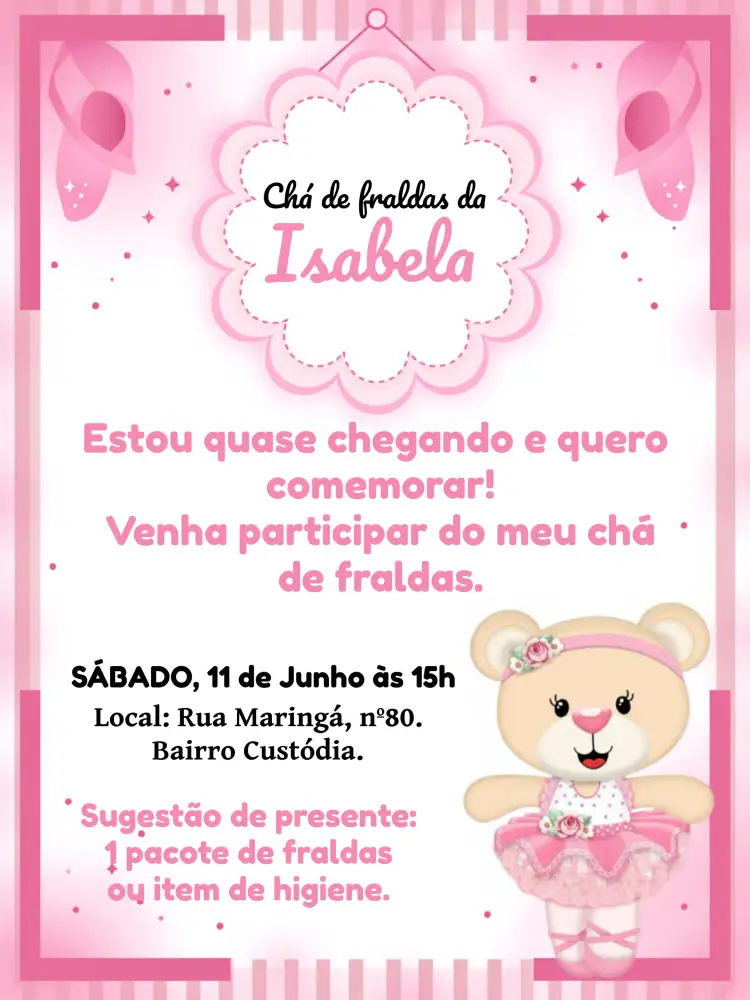 Convite Chá De Fraldas Princesa Bailarina Menina – tema Chá de Fraldas rosa, branco, bailarina, princesa, infantil, temático